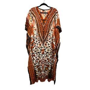 Kaftan Cover Up Dress L/XL Brown Animal Print Leopard Tiger Boho Vacation Summer